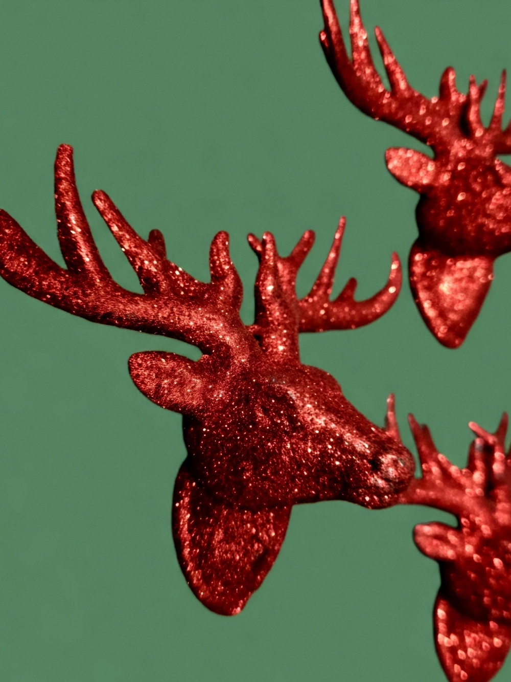 Red Glitter Reindeer Head Holiday Ornament - Festive Wall Accent Set Of 3